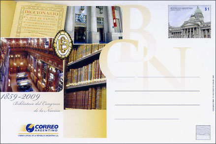ro postal emitido por los 150 años de la Biblioteca del Congreso de la Nacion